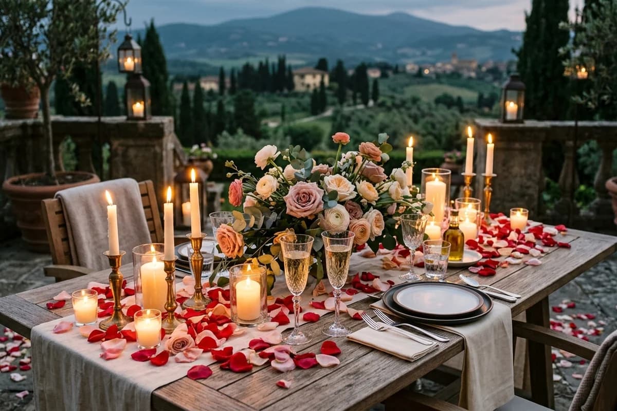 A candlelit proposal setup styled for a couple in Brisbane at dusk