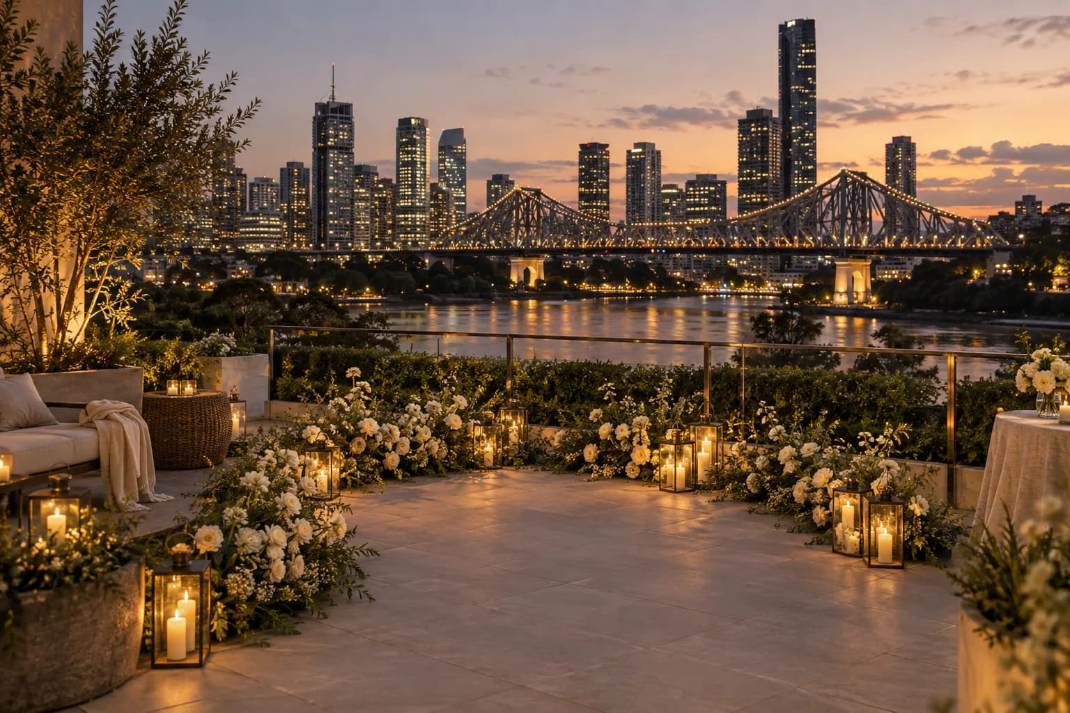 Illustrative white floral proposal setup on a terrace overlooking Brisbane’s river and Story Bridge