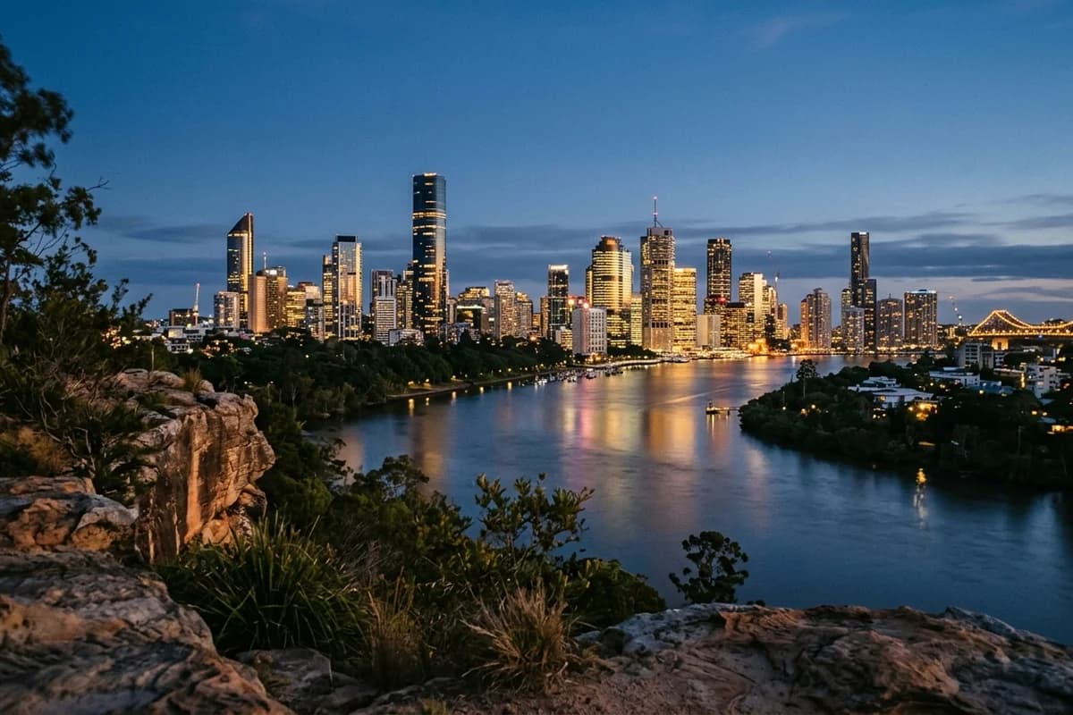 Brisbane CBD skyline and Story Bridge viewed from the Kangaroo Point clifftop across the river