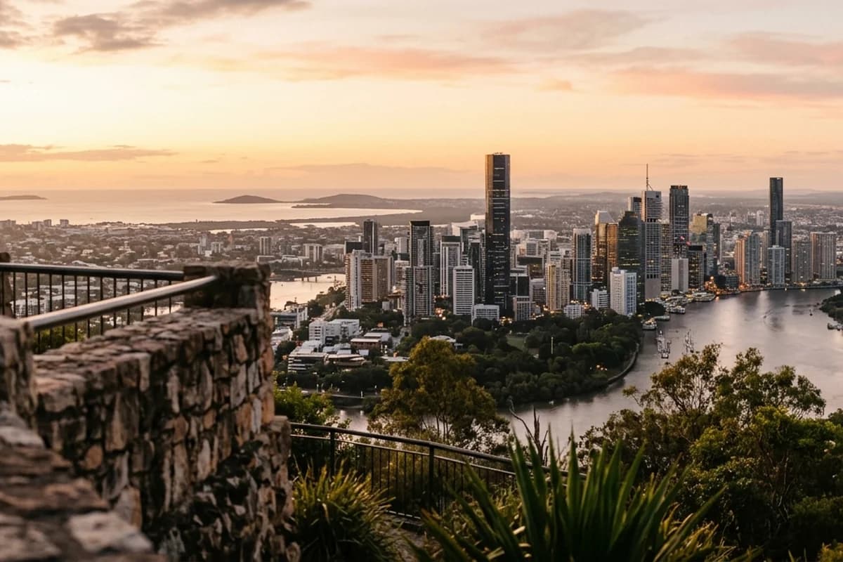 Brisbane city skyline and river seen at dusk from Mount Coot-tha Lookout