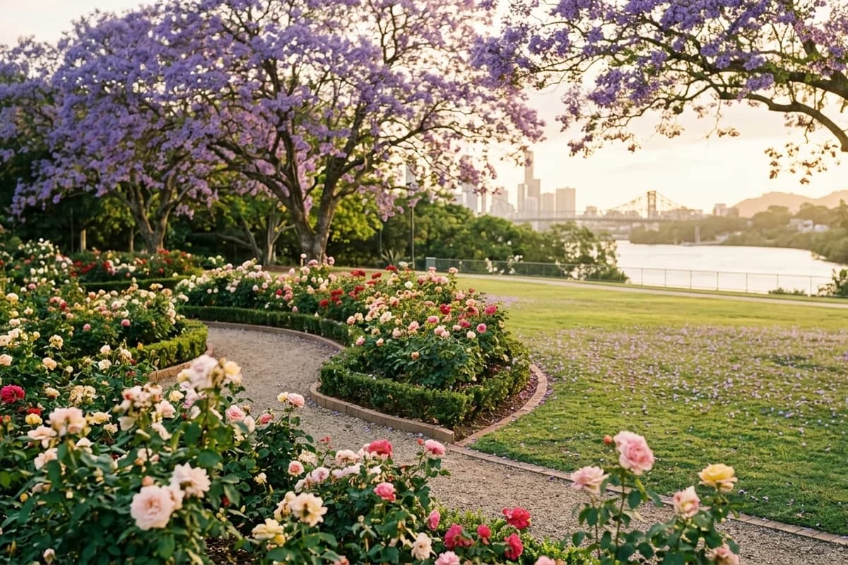 Rose gardens and purple jacaranda blooms over the lawns at New Farm Park, a Brisbane proposal location