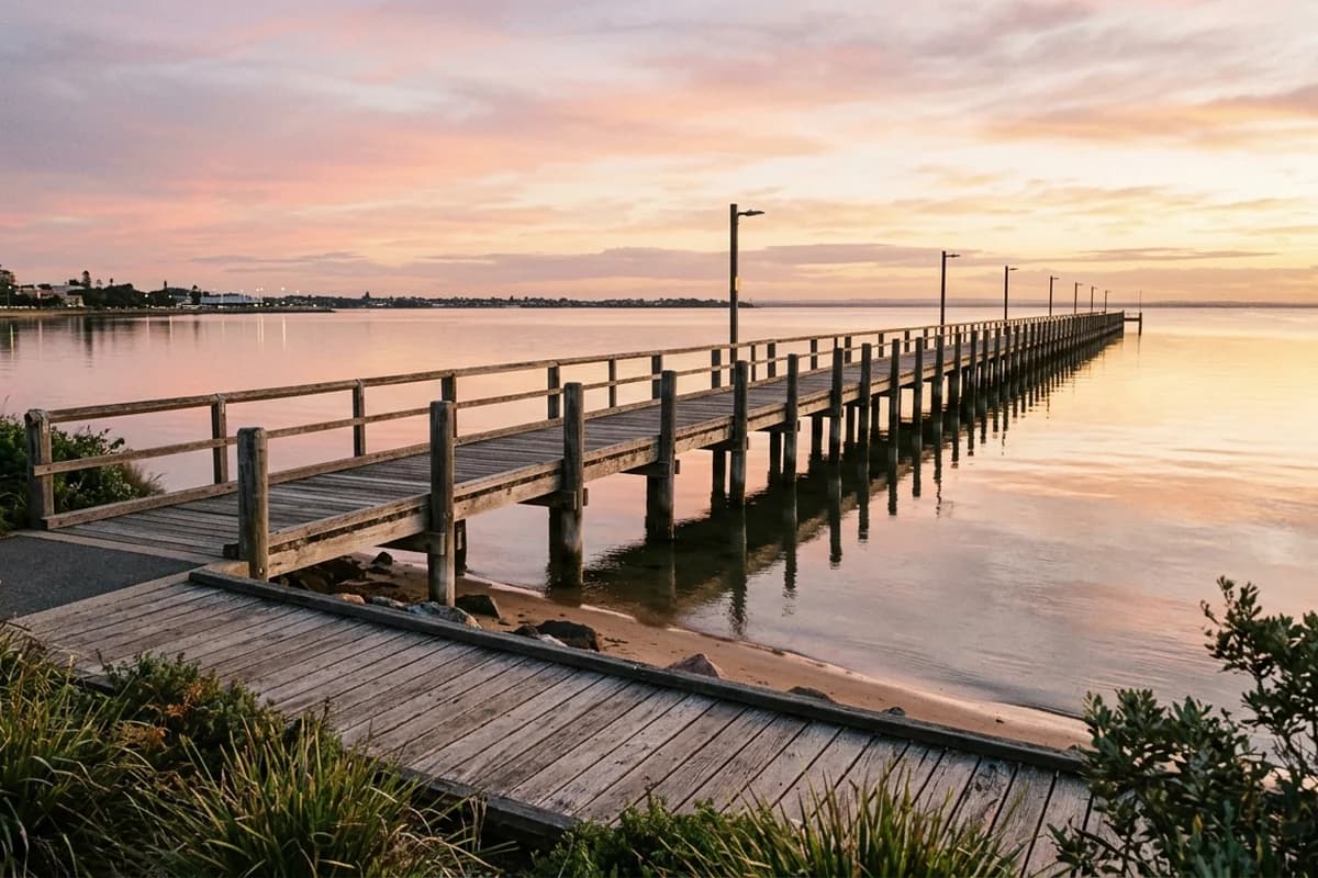 Redcliffe Jetty reaching out over Moreton Bay at sunrise north of Brisbane
