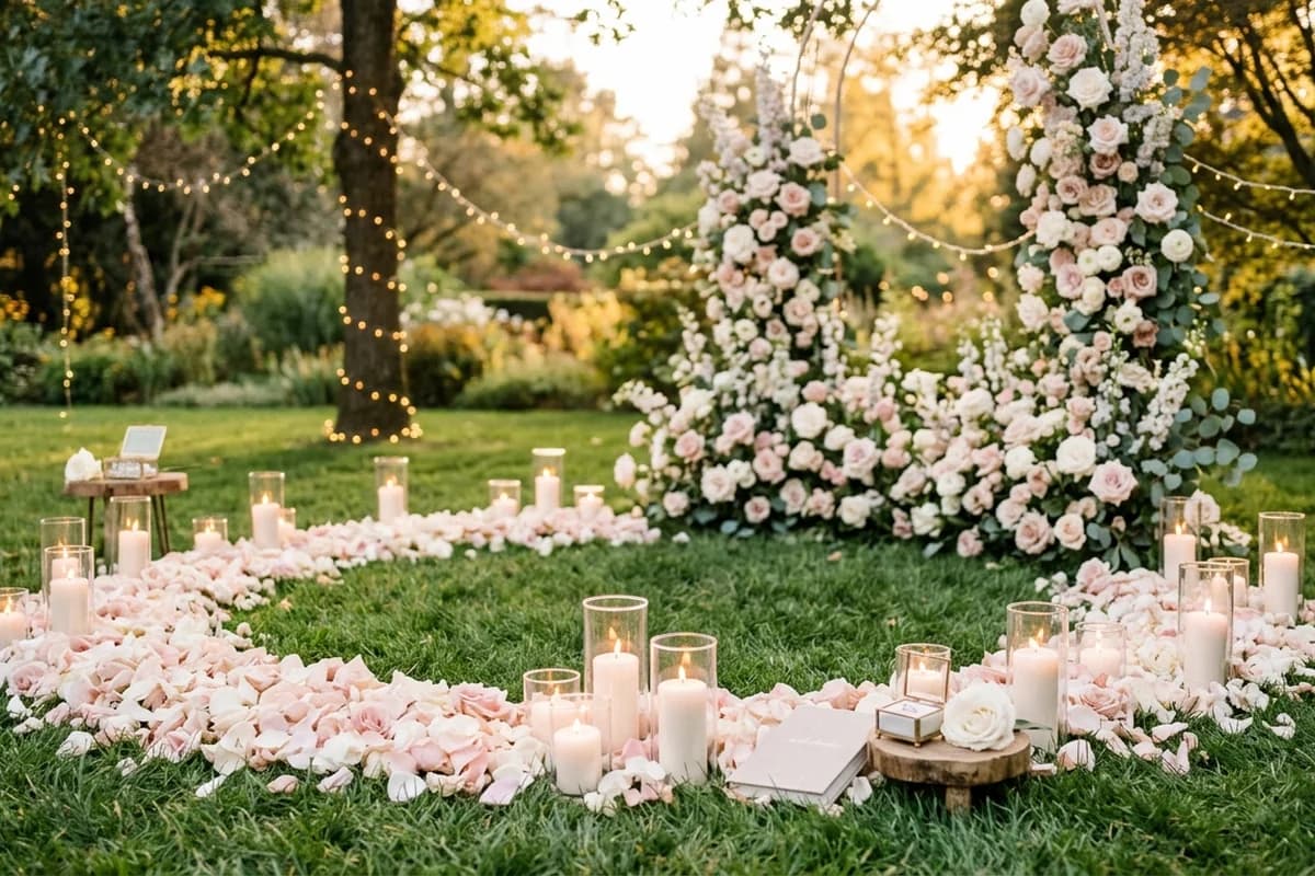 A styled marriage proposal setup overlooking the Brisbane skyline at golden hour